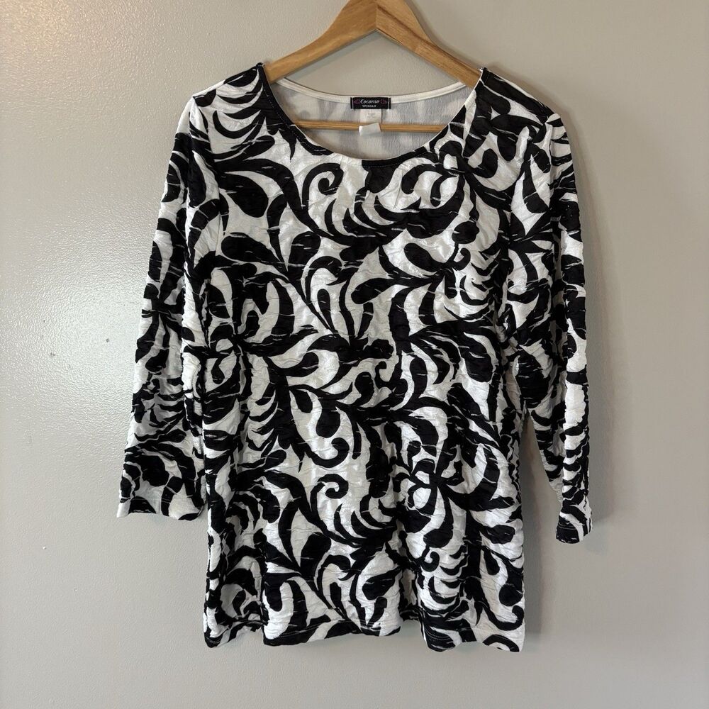 Cocomo Woman Ruched Textured Blouse Black White Paisley Crinkle Top Sz 1X